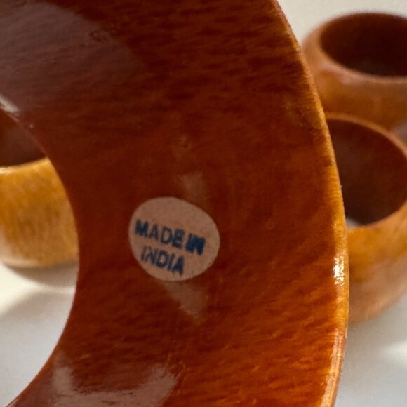 Set Of 4 Vintage MCM Boho Brown Wooden Napkin Rings Made In India - Picture 5 of 9